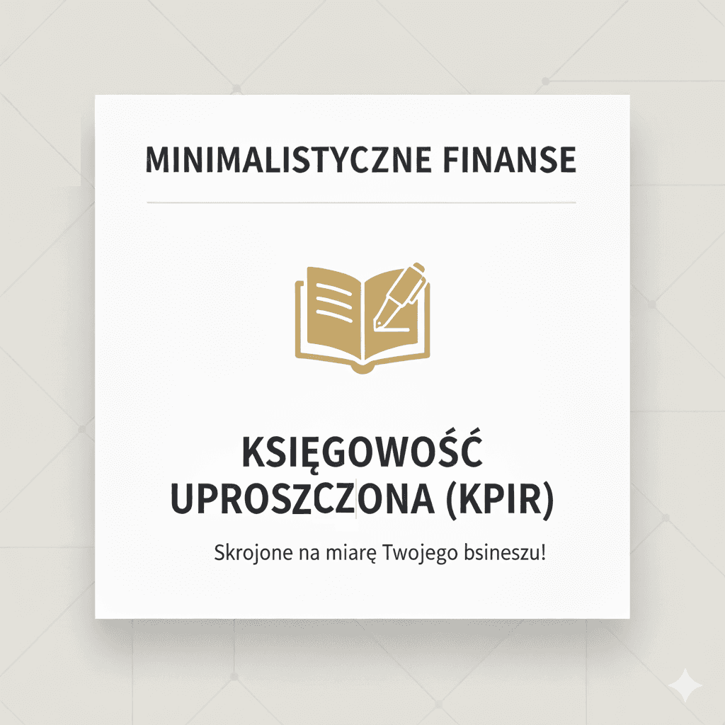 Ikona otwartej księgi z piórem do pisania, symbolizująca księgowość uproszczoną. Nad ikoną nazwa 'Minimalistyczne Finanse', a pod nią 'Księgowość Uproszczona (KPiR)' oraz dopisek 'Łatwo, szybko, dla małych firm'. Całość utrzymana w minimalistycznym stylu, na jasnym tle.