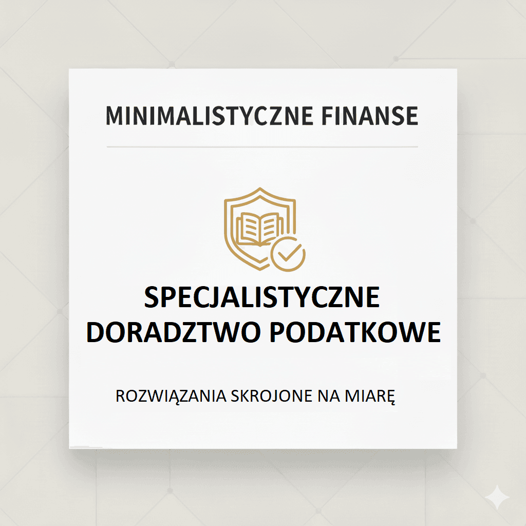 Ikona tarczy z otwartą księgą i znacznikiem wyboru (check mark) w środku, symbolizująca specjalistyczne doradztwo podatkowe. Nad ikoną nazwa 'Minimalistyczne Finanse', a pod nią 'Specjalistyczne Doradztwo Podatkowe' oraz dopisek 'Rozwiązania skrojone na miarę'. Całość utrzymana w minimalistycznym stylu, na jasnym tle.