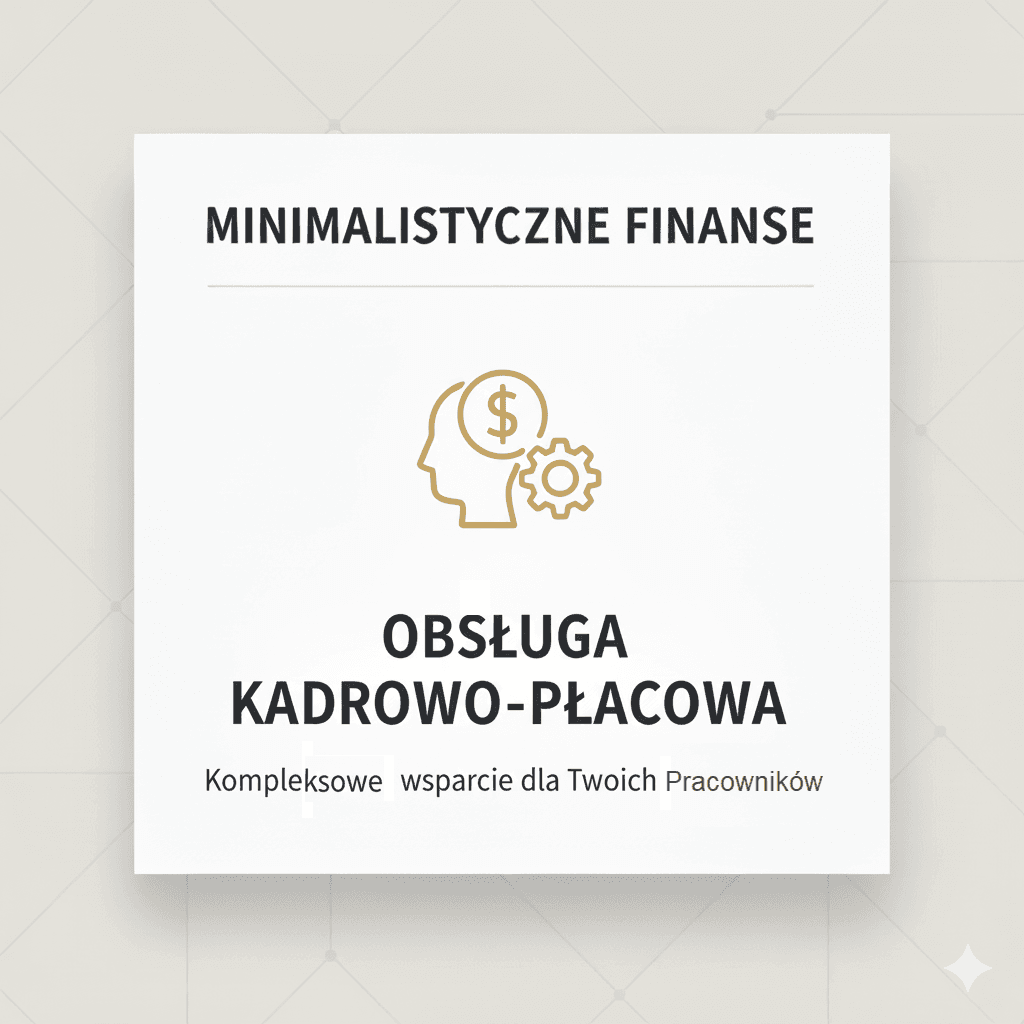 Ikona głowy pracownika z symbolem dolara i kółkami zębatymi, symbolizująca obsługę kadrowo-płacową. Nad ikoną nazwa 'Minimalistyczne Finanse', a pod nią 'Obsługa kadrowo-płacowa' oraz dopisek 'Sprawnie i bezbłędnie'. Całość utrzymana w minimalistycznym stylu, na jasnym tle.